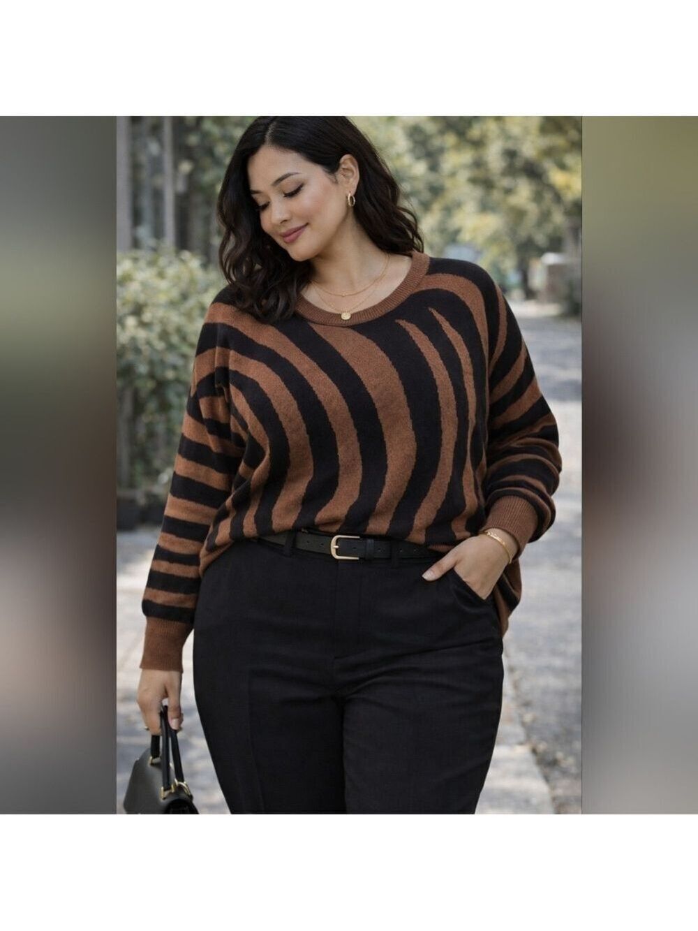 Ophelia Roe Zebra Stripe Sweater 1X Brown Black Knit Pullover Cozy Fall Top